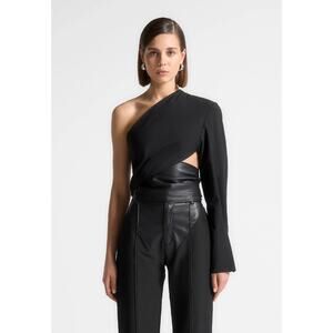 NWT Maniere De Voir 8 One Sleeve Faux Leather Wrap Top Black